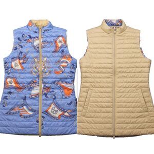J McLaughlin Nautical Reversible Tahoe Vest XS Blue Packable‎ Down Filled NEW